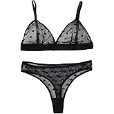 BEAUDRM Women's 2 Piece Lingerie Set Heart Graphic Sheer Mesh Wireless Matching Bra and Panty Thong Set