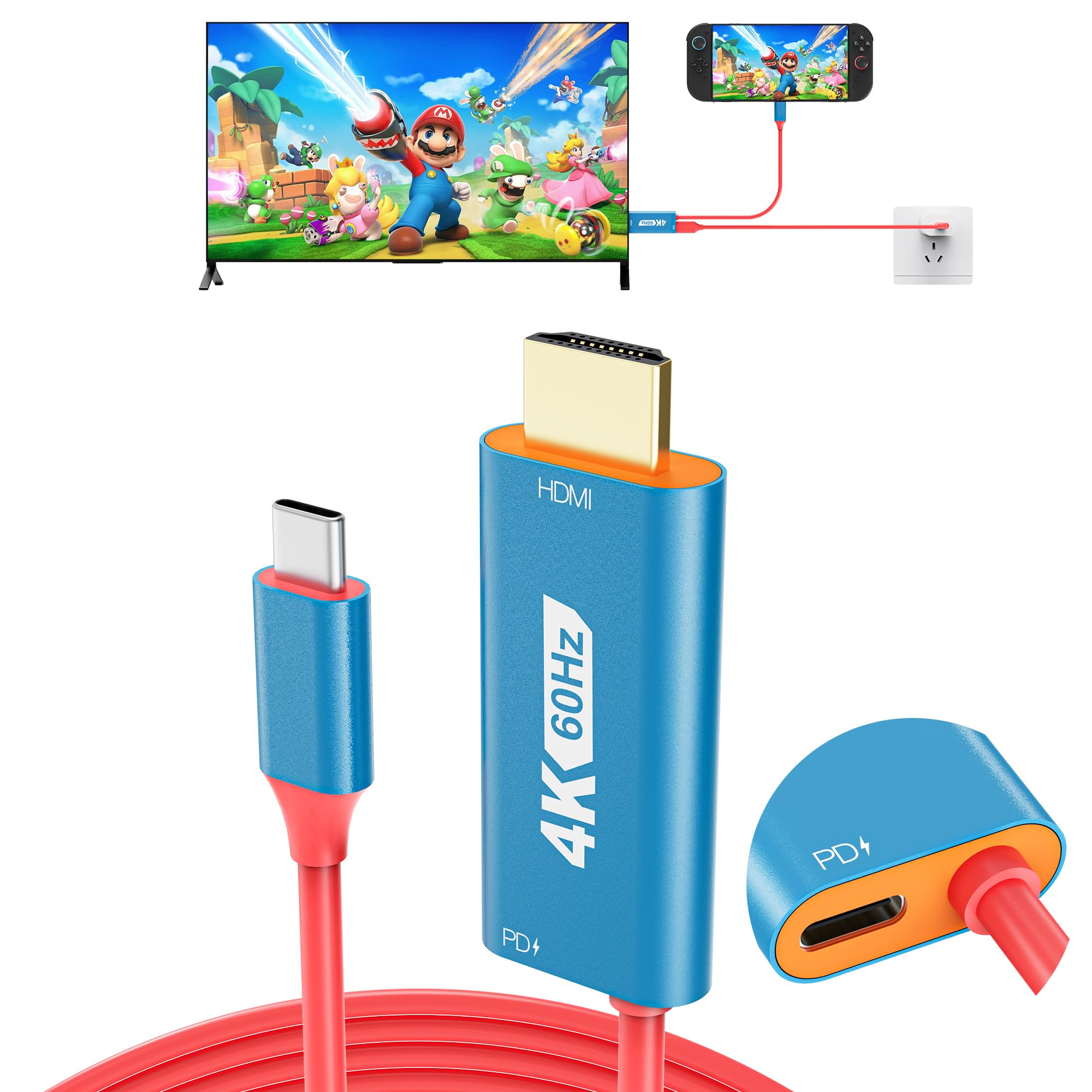 Switch 2 TV Adapter Docking Station, 4K@60Hz 18 Gbps USB C to HDMI 2.0 Adapter for TV/Monitor, 6.6ft 100W PD Play While Charging, Portable Travel TV Cable for Nintendo Switch 1 and 2/Steam Deck/OLED
