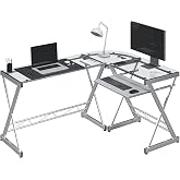 Techni Mobili L Shaped Desk with Keyboard Tray &amp; Tempered Glass Desktop | Home Office, Corner Desk, Work From Home, Professional, Ideal for home office, Workspace organization