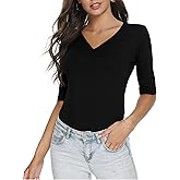 RightPerson Women's Basic Half Sleeve V Neck T-Shirt Stretchy Casual Cotton Tops