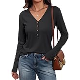 Meetrendi Womens Long Sleeve V Neck T Shirts 2025 Fall Tops Casual Loose Fit Henley Cute Trendy Tee