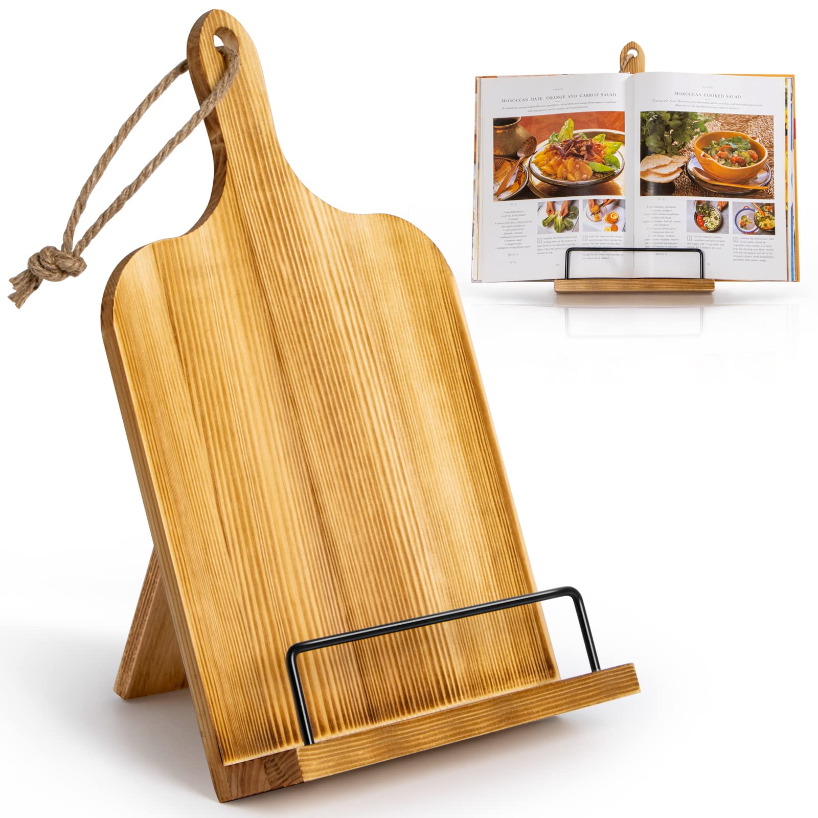 PUERSI Recipe Book Stand, Wooden Cookbook Stands for Kitchen, Adjustable Cook Book Display Holder - Brown