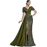 BluePlum Formal Wedding Guest Dress for Women, Ruched Splicing Wrap Sequin Mermaid Gown, Puff Sleeve & V-Neck Cocktail Dress