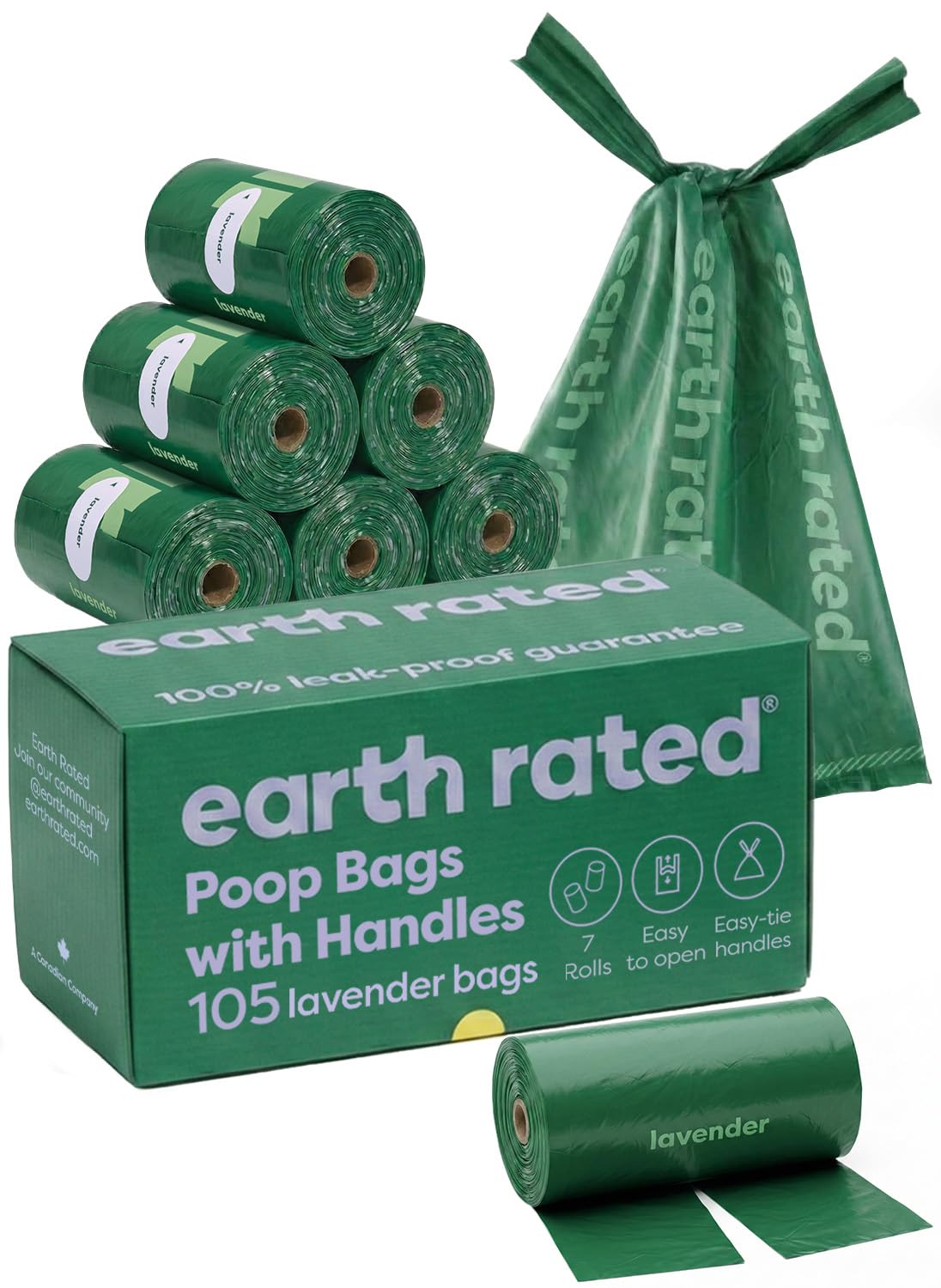 Earth Rated Dog Poop Bags with Tie Handles on Refill Rolls, Extra Wide, Easy-Tie Opening, Guaranteed Leak-Proof, Lavender Scented, 105 Count