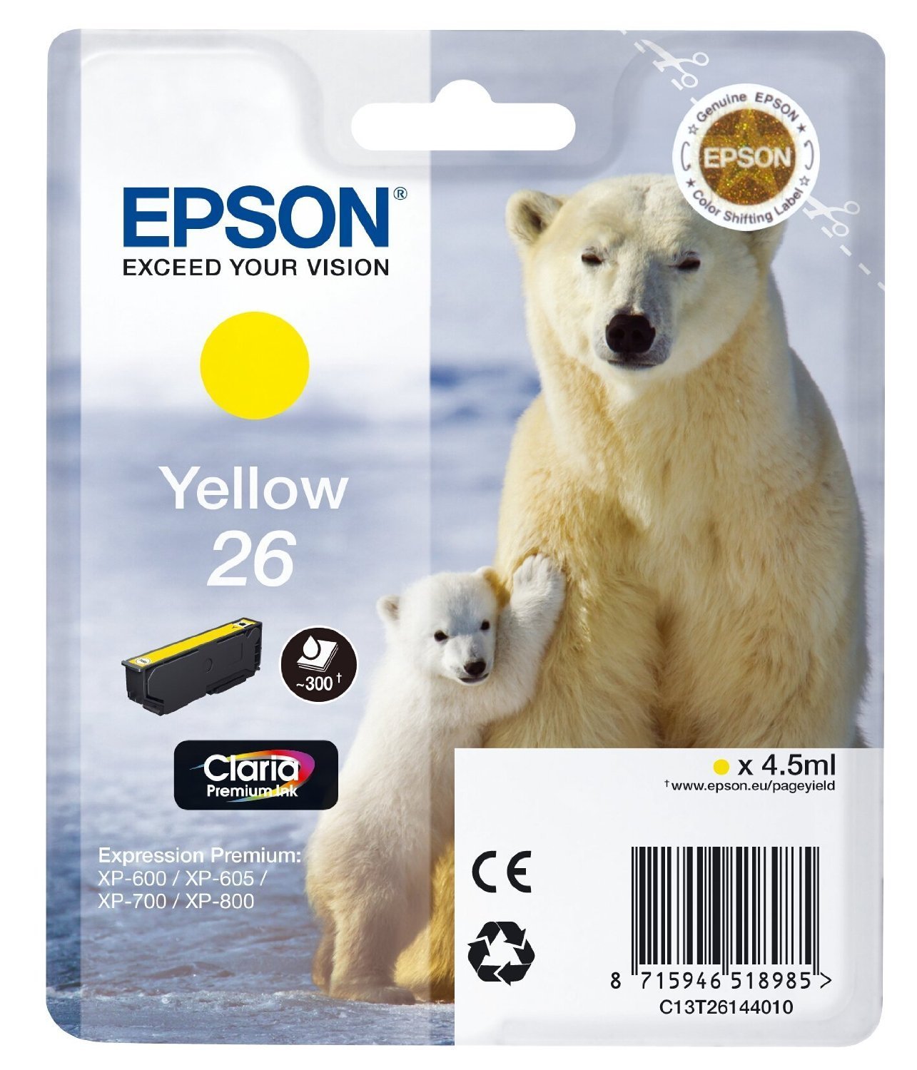 Epson 26 Yellow Ink Cartridge for Printers (Yellow, XP-600 / XP-605 / XP-700 / XP-800, 1 Piece), 260 mm, 146 mm, 120 mm)