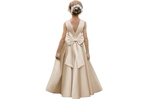 HEWEGO Satin Flower Girl Dresses for Wedding Floor Length Backless Princess Pageant Dress with Bow Pearls Proms Ball Gowns