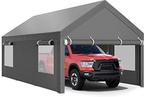 JY QAQA PET JY QAQA Carport, 12x20 FT Heavy Duty Carport with Removable Side Walls and Doors, Car Canopy with All-Season Tarp for Cars, Grey