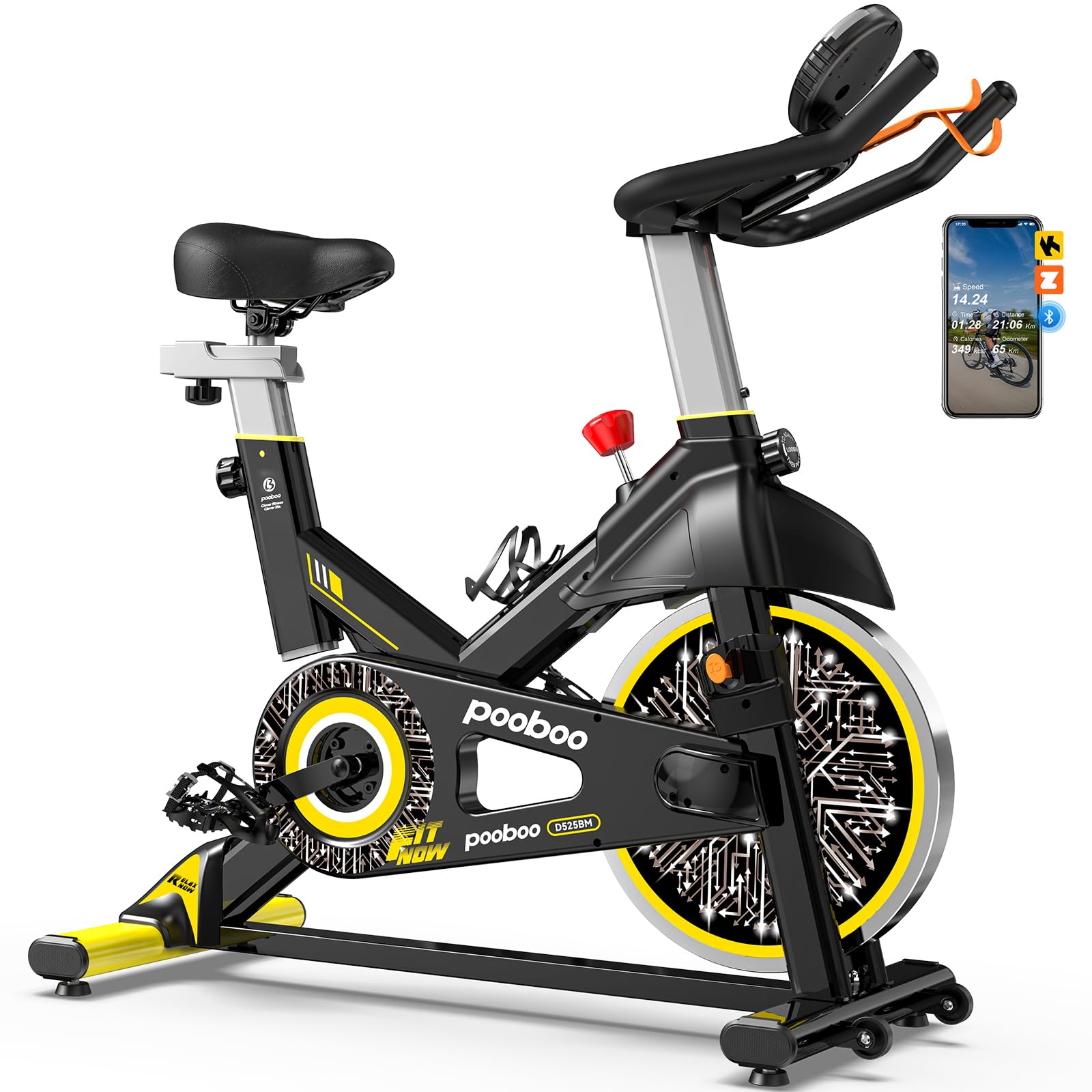 pooboo Exercise Bike, Brake Pad Stationary Bike for Home with Exclusive App, Adjustable Resistance Quiet Indoor Cycling Bike with 300lbs Weight Capacity Extra Comfort Seat,Indoor Cycling Spin Bike Workout Bike with Tablet Holder and Fitness Courses for We Image