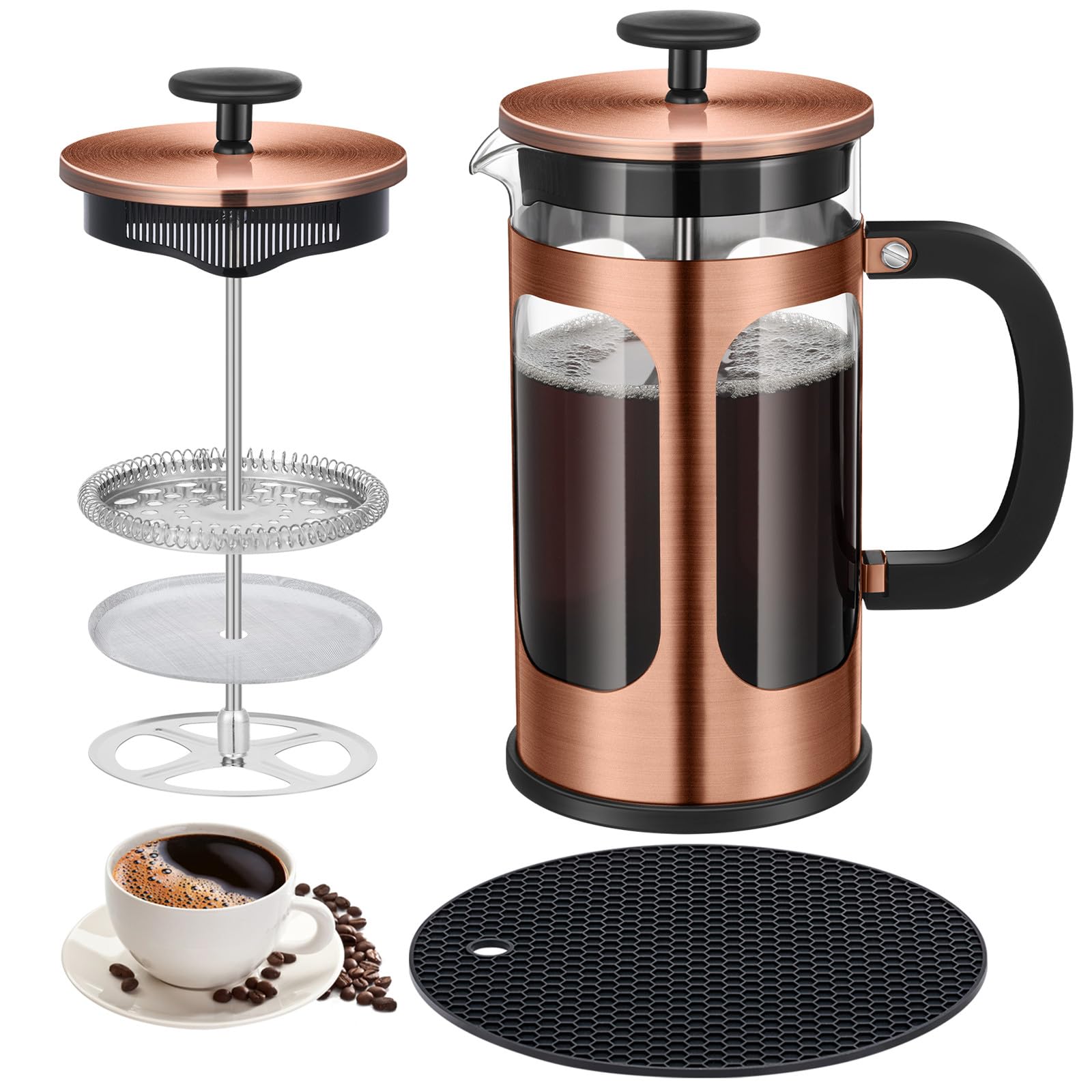 KOOYAT Cafetiere French Press Coffee Maker with Capacity of 1000ml / 6 cup Large Coffee Press for Ground Coffee in Home Office or Travel Heat-Resistant Caffettiera Gift Set for Women and Men Copper
