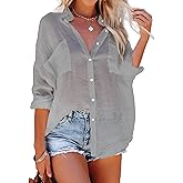Bsubseach Button Down Swim Cover Up Shirt Sexy Long Sleeve Beach Blouse Bathing Suit Cover Ups for Women