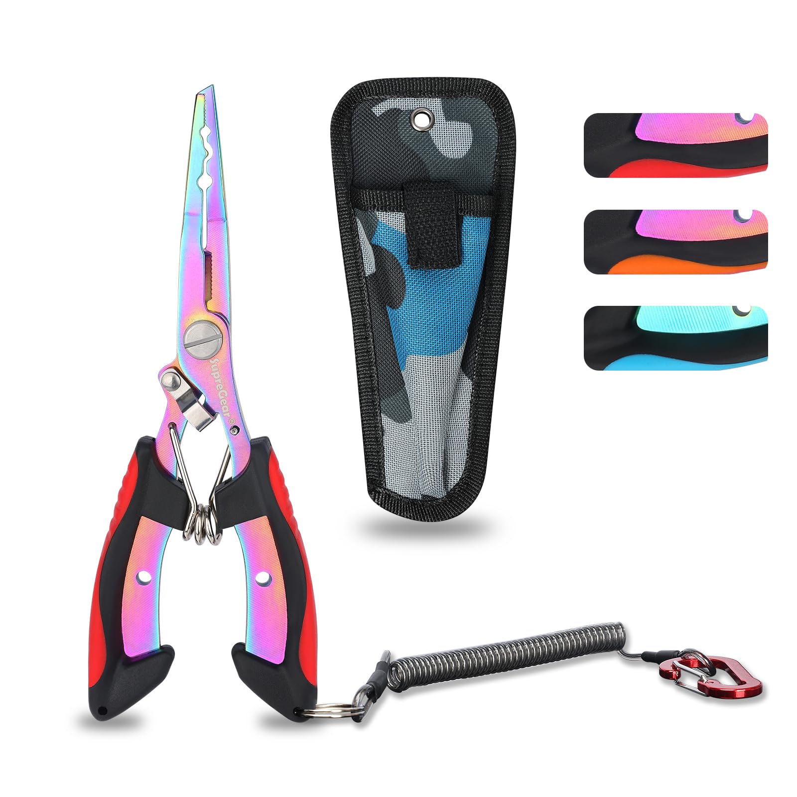 supregear Fishing Pliers, Multi-Colored Stainless Steel Tools with Split Ring, Fish Hook Remover, Line Cutter, Sheath, Lanyard, Saltwater Resistant Fishing Gear, Red
