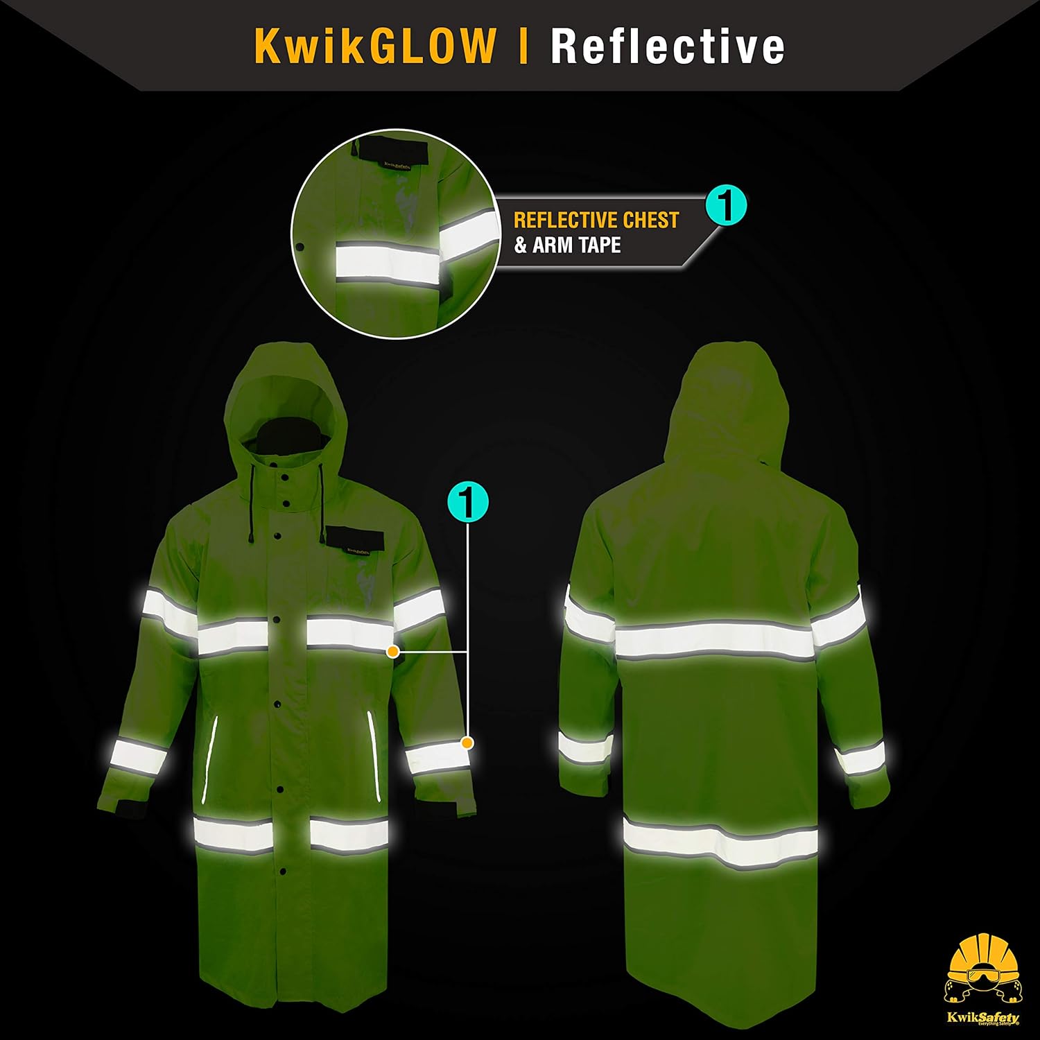 KwikSafety (Charlotte, NC) TORRENT Class 3 Safety Trench Coat | High Visibility Waterproof Windproof Safety Rain Jacket | Hi Vis Reflective ANSI Work Wear | Rain Gear Hideaway Hood Carry Bag | Small - - 