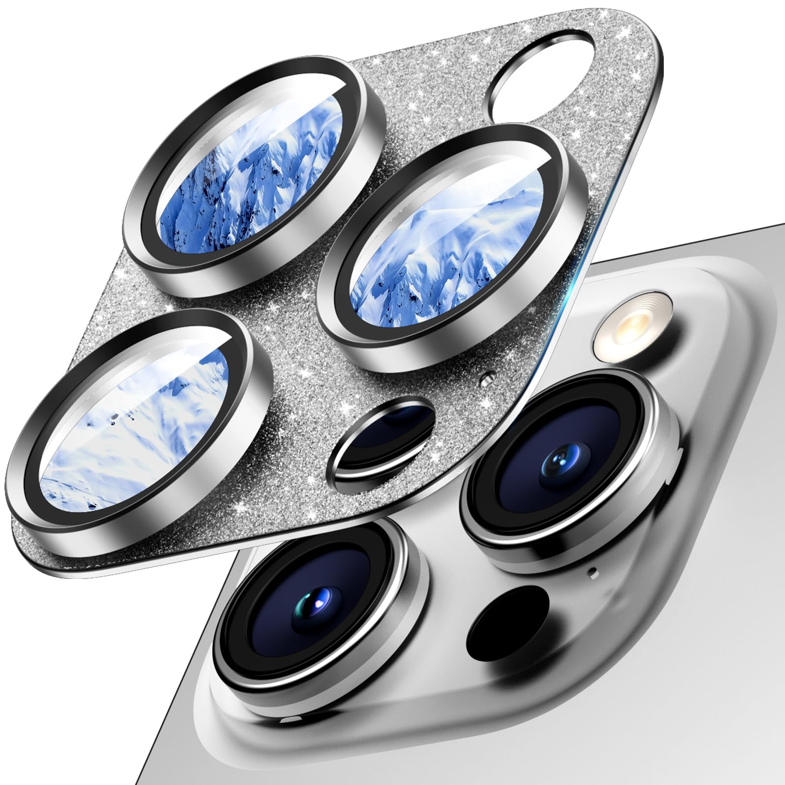 Wumigoo Camera Lens Protector for iPhone 16 Pro Max/16 Pro/15 Pro Max/15 Pro/14 Pro Max/14 Pro, Aluminum Alloy Sapphire Glass Camera Screen Cover, Case Friendly- Glitter White