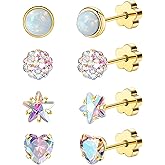 Enticera 4Pairs 14K Gold Stud Earrings for Women Girls 316L Stainless Steel Hypoallergenic Earrings 20G Flat Back Handmade Nap Earrings Cute Screw Back Opal Heart Star Cartilage Earrings
