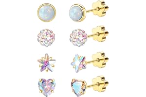 Enticera 4Pairs 14K Gold Stud Earrings for Women Girls 316L Stainless Steel Hypoallergenic Earrings 20G Flat Back Handmade Nap Earrings Cute Screw Back Opal Heart Star Cartilage Earrings