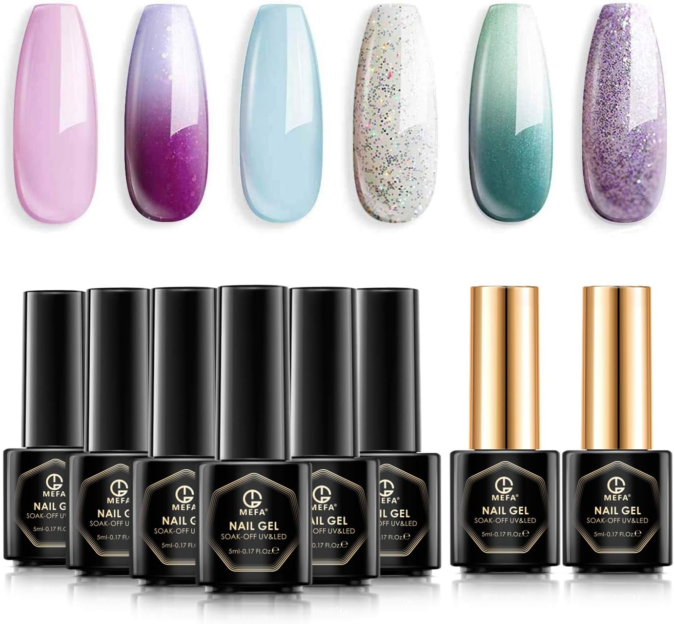MEFA Gel Nail Polish Set, Soak Off LED 6 Pcs Include 2 Colour Changing