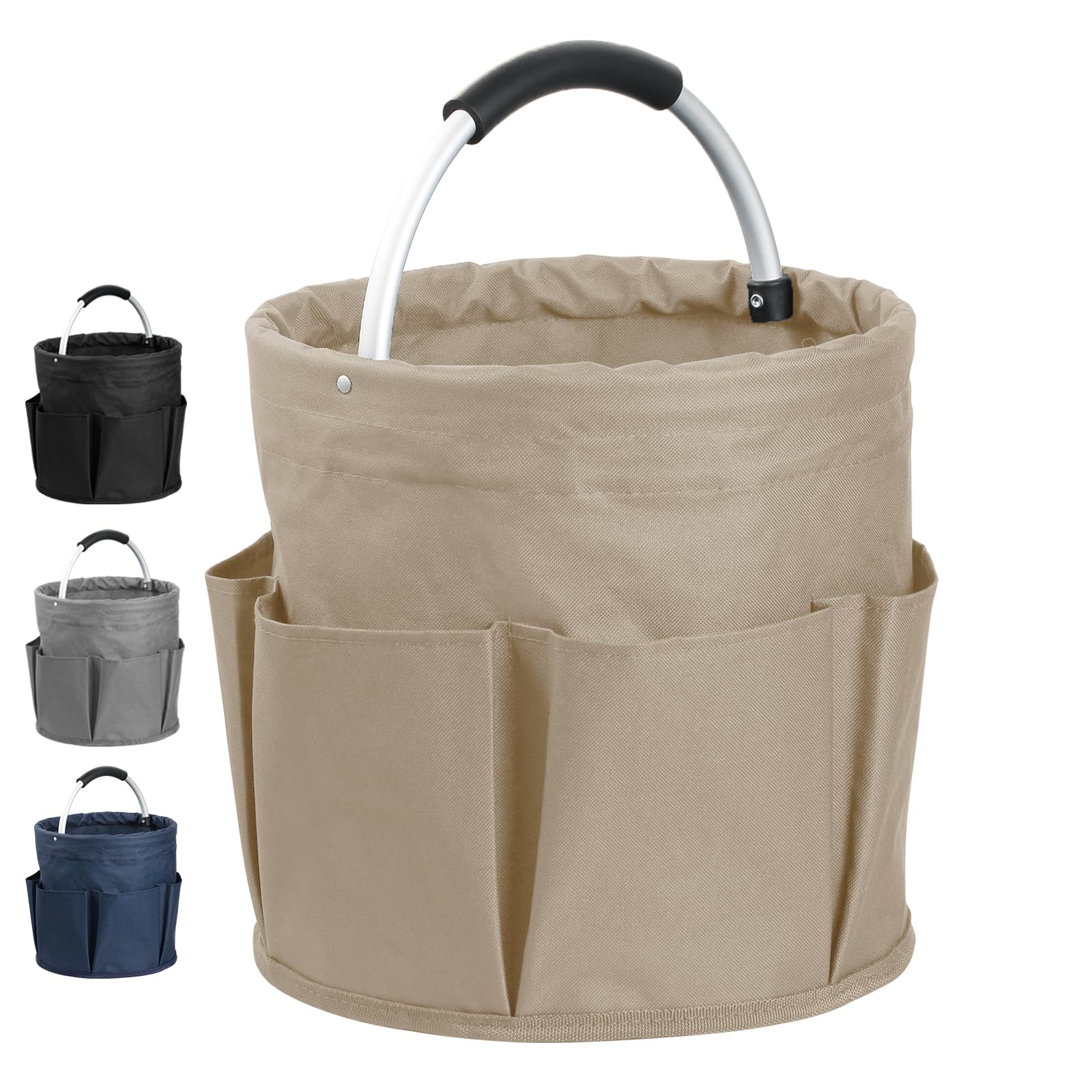 IHOMAGIC Multifunctional Storage Basket, Foldable Storage Bin, Round Tool Bag with Soft Handle, Oxford Fabric Storage Hamper for Home Storage, Shopping, Picnics, Beach, Gardening Tools 17L - Khaki