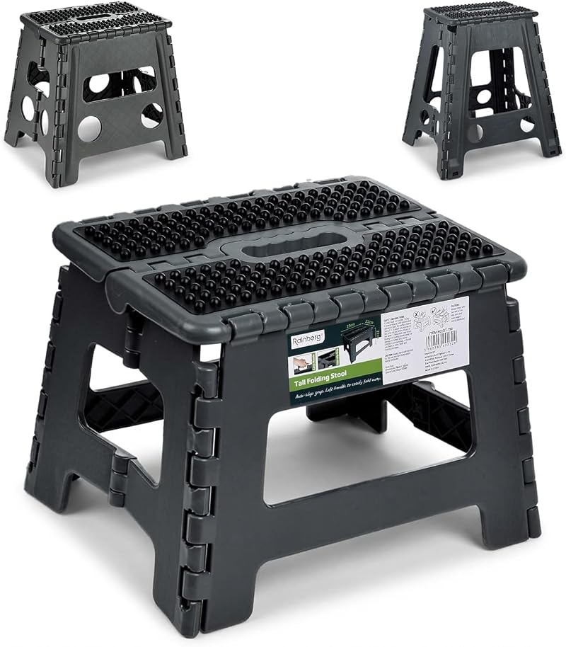 Rainberg Folding Step Stool 9 Inch 250 lbs Capacity Carry Handle Black