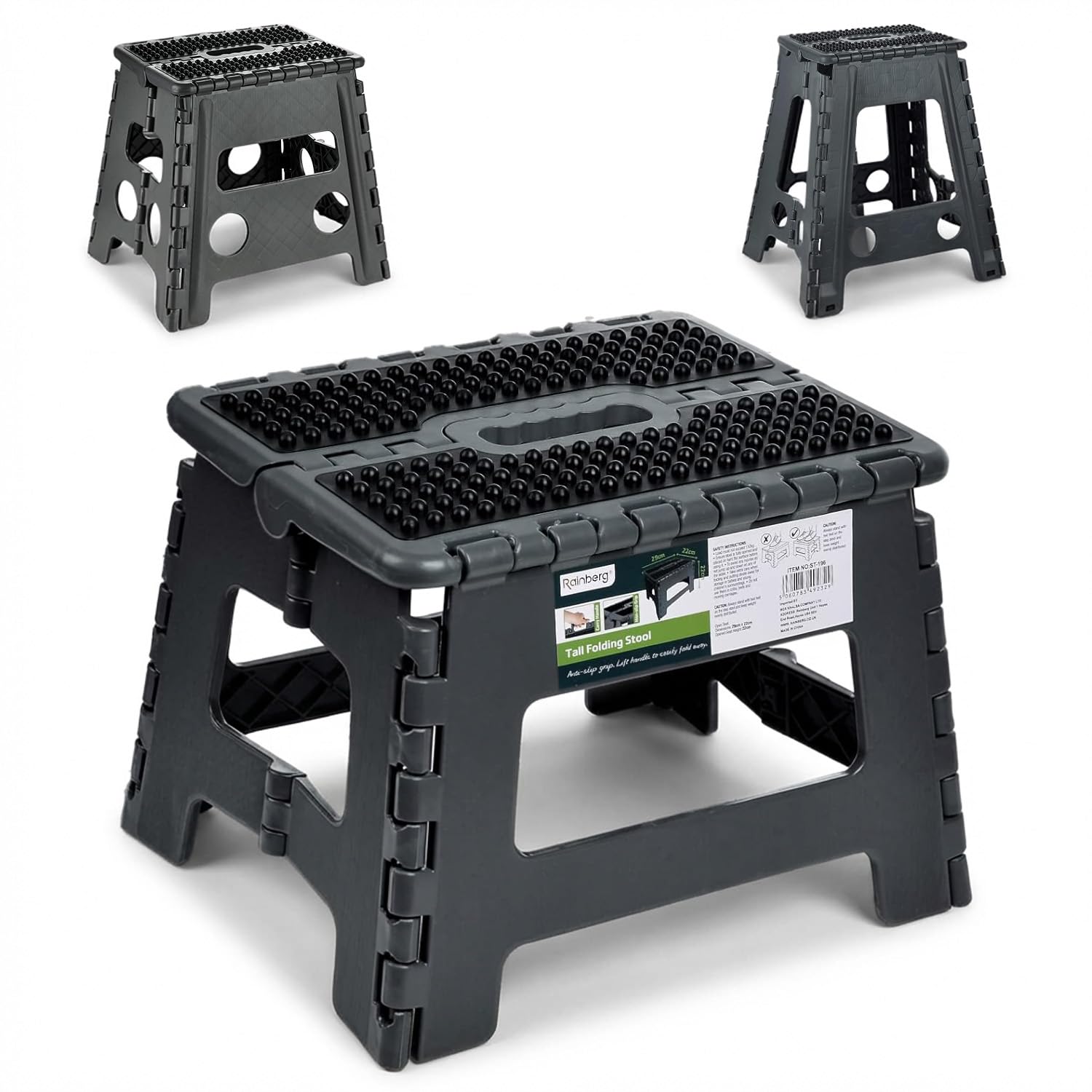 Rainberg Folding Step Stool 9 Inch, Heavy Duty Folding Stool, 250 lbs Capacity with Carrying Handle, Portable, Anti Slip Surface for Kids & Adults, Kitchen, Bathroom, Camping (Black)