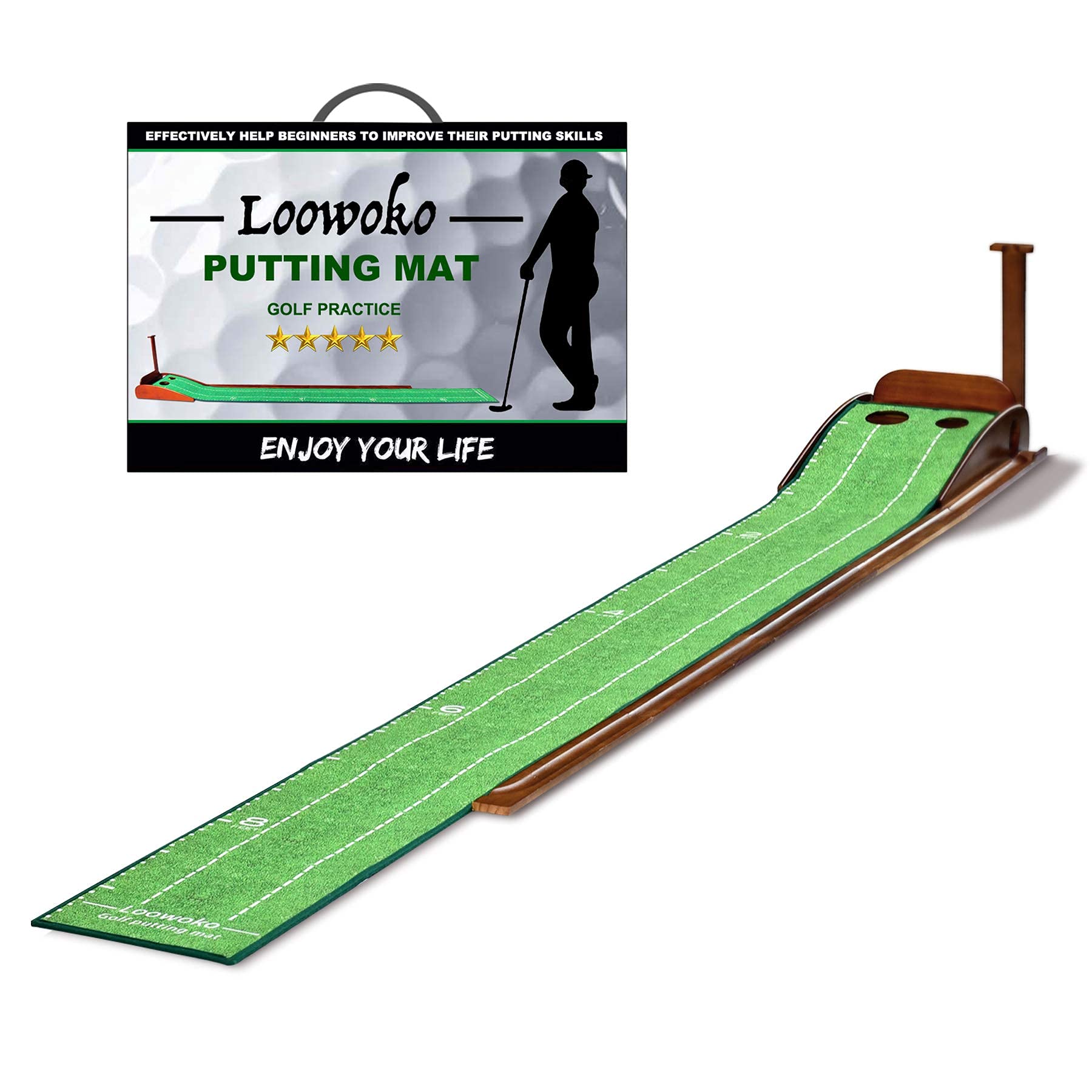 Loowoko Wood Golf Putting Green Mat with Auto Ball Return System Mini Golf Game Practice Equipment and Golf Gifts for Men Home Office Backyard Indoor Outdoor Use (Indoor Golf)