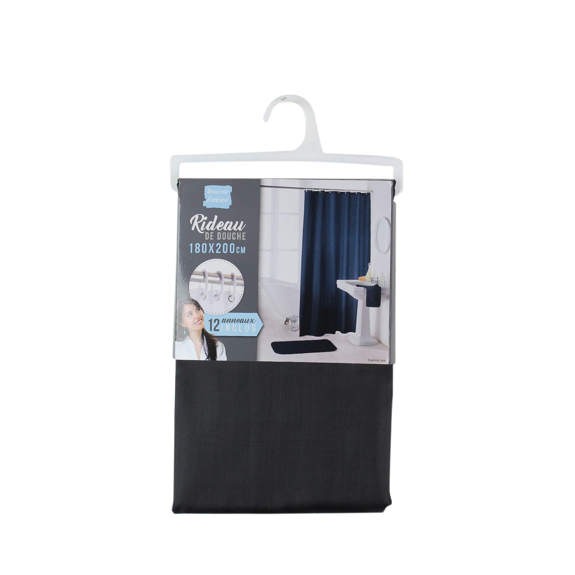 Douceur d'Intérieur Essencia Shower Curtain with Hooks, Polyester, polyester, Black, 180 x 200 cm