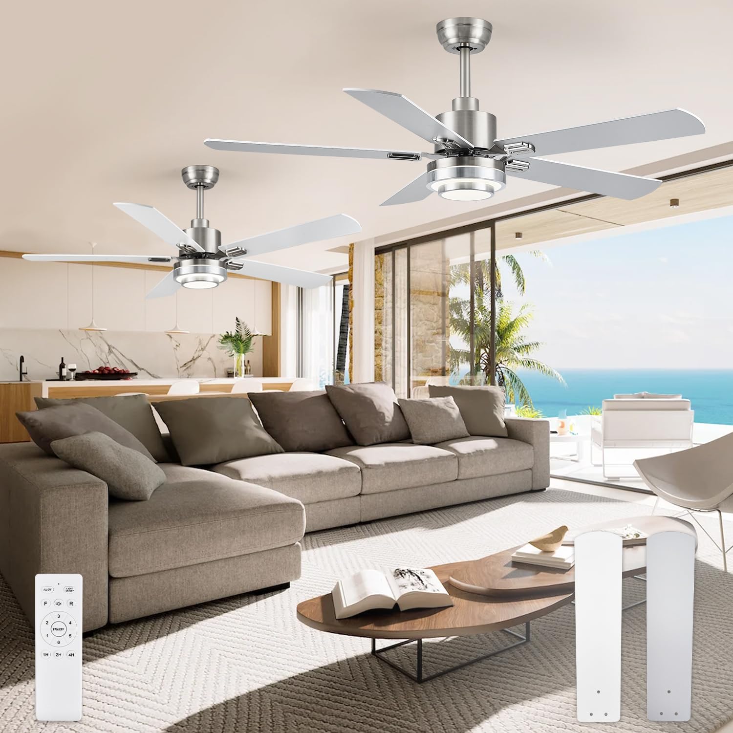 Photo 1 of ZMISHIBO 2 Pack Ceiling Fans with Light, 52" Modern Ceiling Fan with Remote, LED Quiet Ceiling Fan for Bedroom, Kitchen, Indoor, Dual Finish Blades (Brushed Nickel & White)