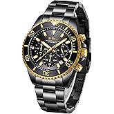 Biden Mens Watches Chronograph Stainless Steel Waterproof Date Analog Quartz Watch Business Casual Fashion Wrist Watches for Men, Black Gold, Bracelet