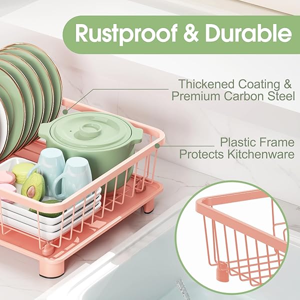 HIVIWEER PINK DISH DRYING RACK – SPACE-SAVING DISH RACK,DISH RACKS FOR KITCHEN COUNTER WITH DRAINBOARD, BIRTHDAY CHRISTMAS DAY MOTHERS DAY THANKSGIVING GIFTS FOR MOM GRANDMA WIFE KITCHEN ENTHUSIASTS