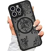 AIGOMARA Case for iPhone 16 Pro Max [Compatible with MagSafe] Black Flower Floral Pattern Design for Women Girls Soft TPU Bumper Hard PC Back Anti-Fall Shockproof Protective Slim Magnetic Cover