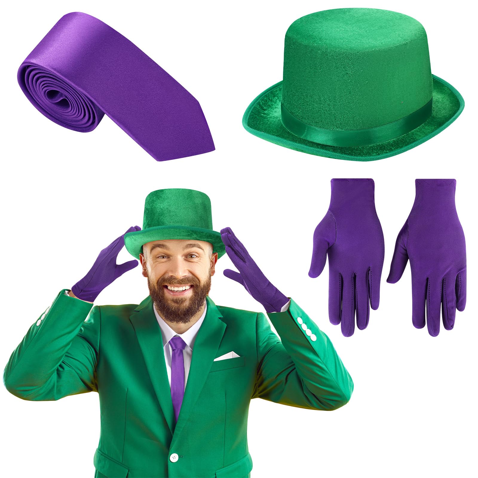 Photo 1 of Croloose 3 Pcs Comic Character Halloween Costume Accessory Kit Includes Green Hat Purple Gloves Purple Necktie for Halloween Women and Men