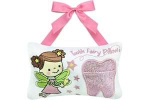 free-space Tooth Fairy Pillow for Boy and Girl Embroidered Cartoon Tooth Pocket Tooth Fairy Gifts Kids (Pink)