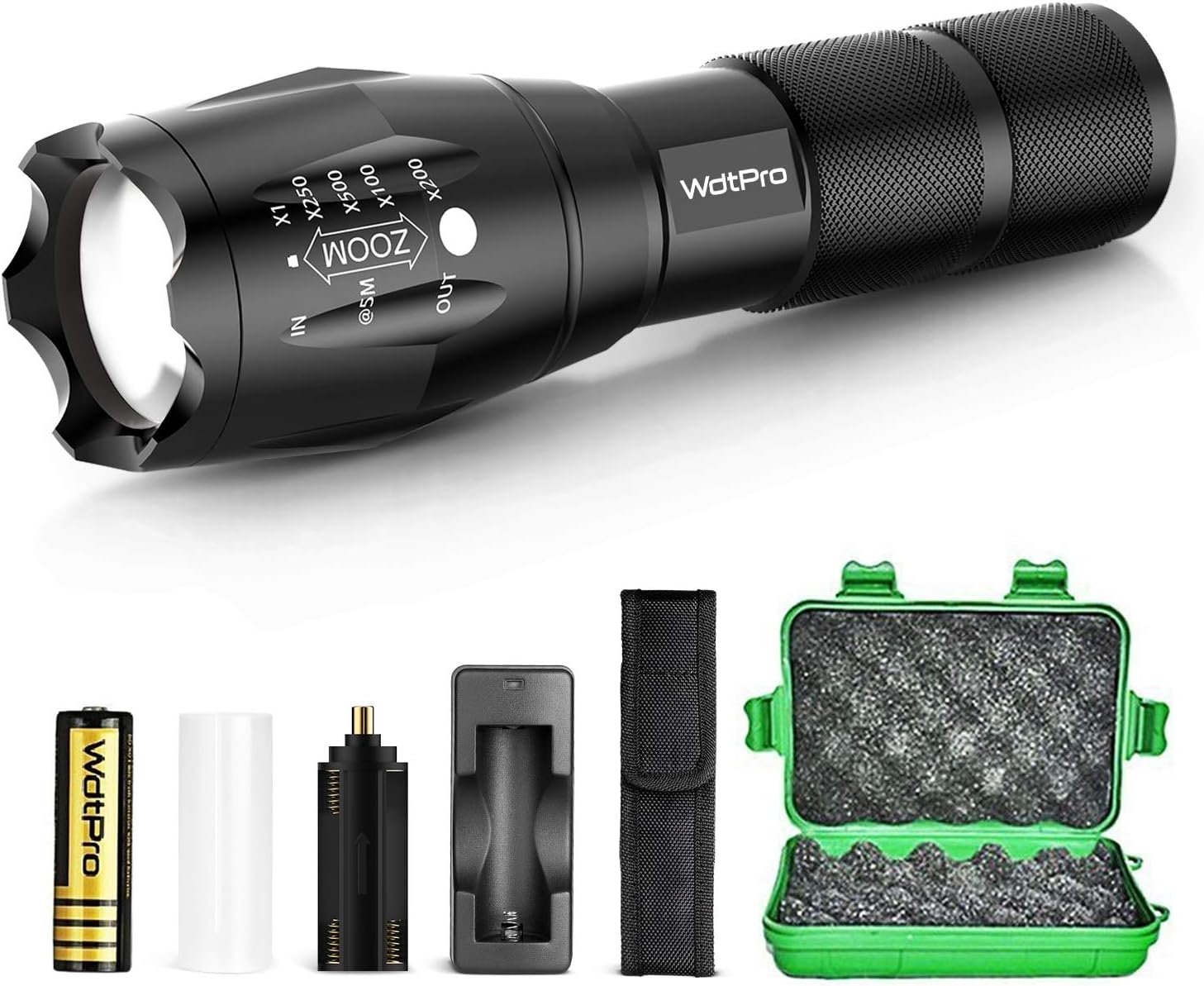 WdtPro Rechargeable Tactical Flashlight with 18650 Battery, Flashlight Holster & Charger - High Lumen LED Flashlights, 5 Modes, Zoomable, Water Resistant for Camping Emergency