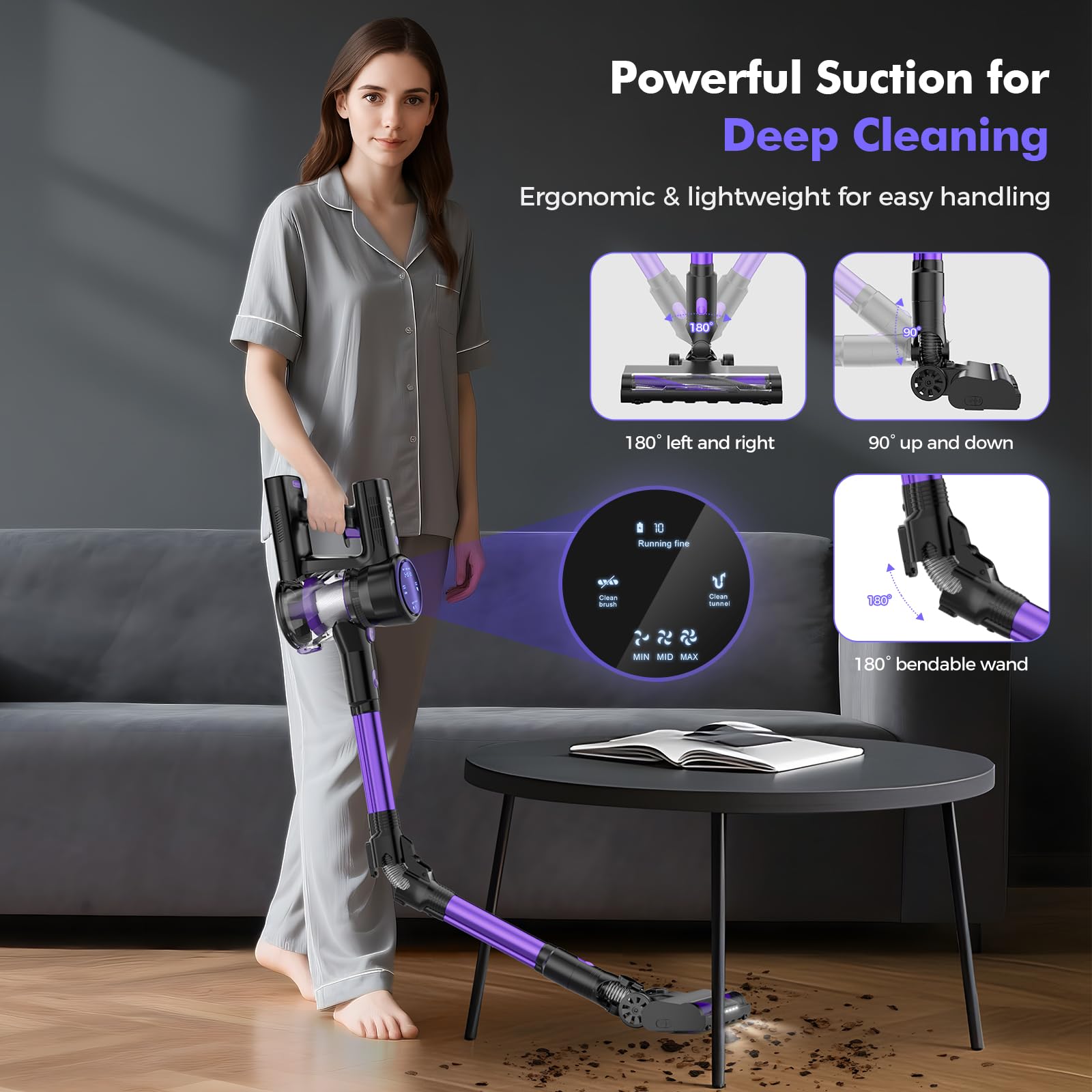 Cordless Vacuum Cleaner, 40KPa/450W/50Mins/3 Modes, Cordless Stick Vacuum with LED Display & Foldable Lightweight Design, Rechargeable Handle Cleaners for Home, Pet Hair, Carpet, Hard Floor(Purple)