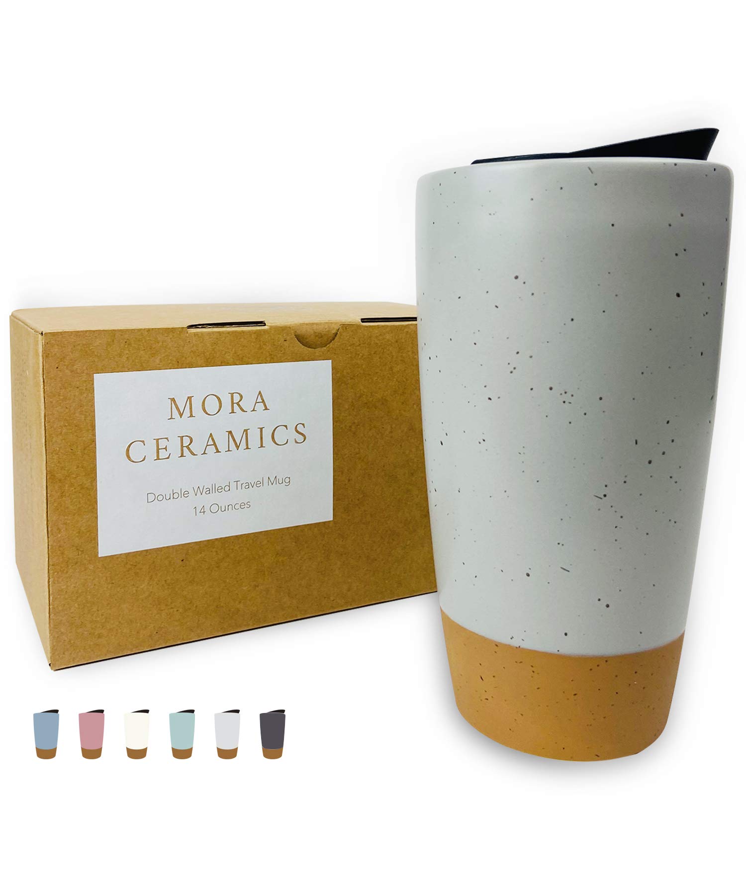Photo 1 of Mora Double Wall Ceramic Coffee Travel Mug with Lid, 14 oz, Portable, Microwave, Dishwasher Safe, Insulated Reusable Tall Cup, Splash Resistant Lid - To Go Tumbler for Car Cup Holder, Overcast Grey