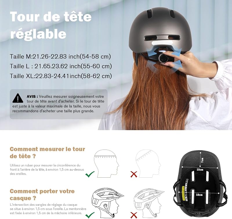 Casque de vélo Urban Commuter - Casque de vélo élégant pour Homme et Femme - pour Cyclisme, Trekking, Ville - Casque réglable - 55-61 cm