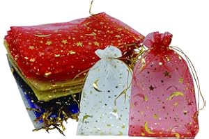 Ankirol 100pcs Organza Bags Moon and Stars Baby Shower Favor Bags Jewelry Candy Gift Card Bags With Gold Line Drawstring Pouc