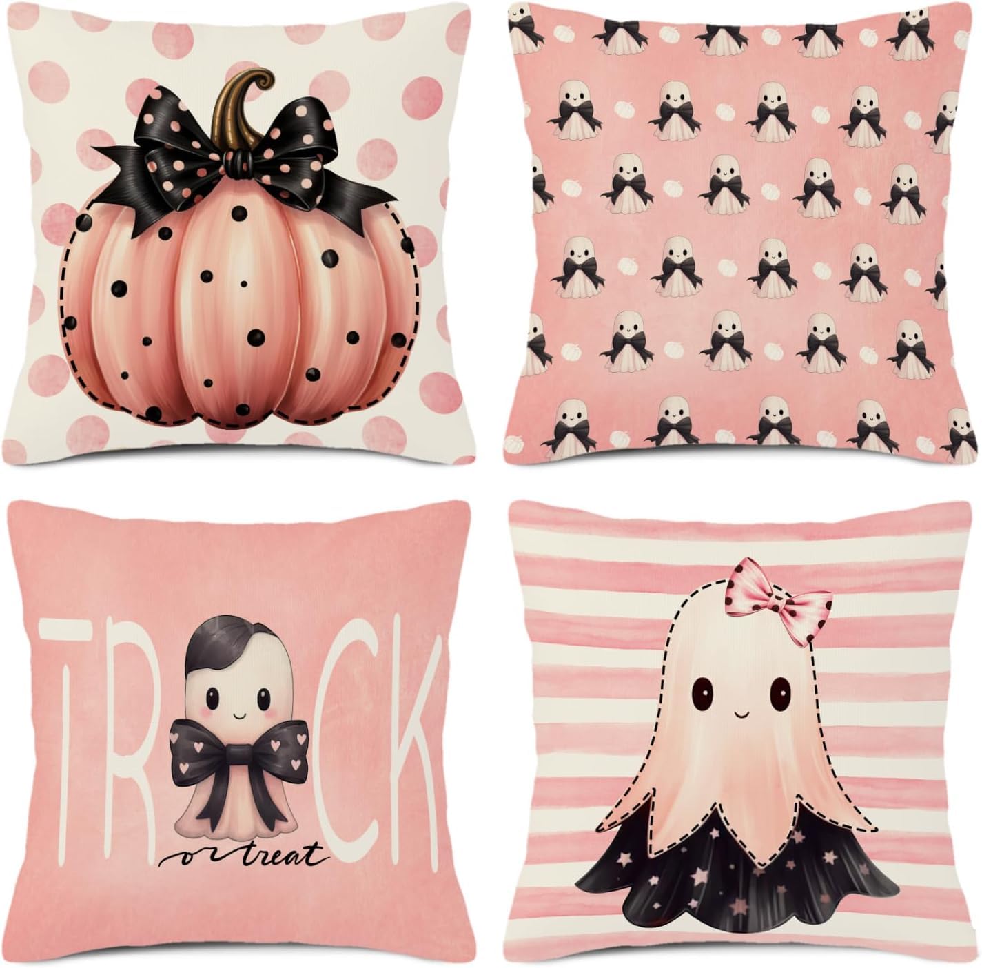 Photo 1 of Halloween Pillow Covers 16×16 Set of 4,Ghost Linen Pillow Case Pumpkin Decorative Pillowcase Pink Pillowcover Halloween Decor for Home Couch Bed Indoor Outdoor