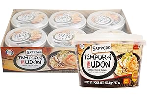 Surasang Tempura Udon Noodle Bowl - Instant Noodles with Tsuyu Soup Base, Katsuobushi & Tempura Flakes, 3-Minute Microwave Meal, 7.87 oz – Pack of 6