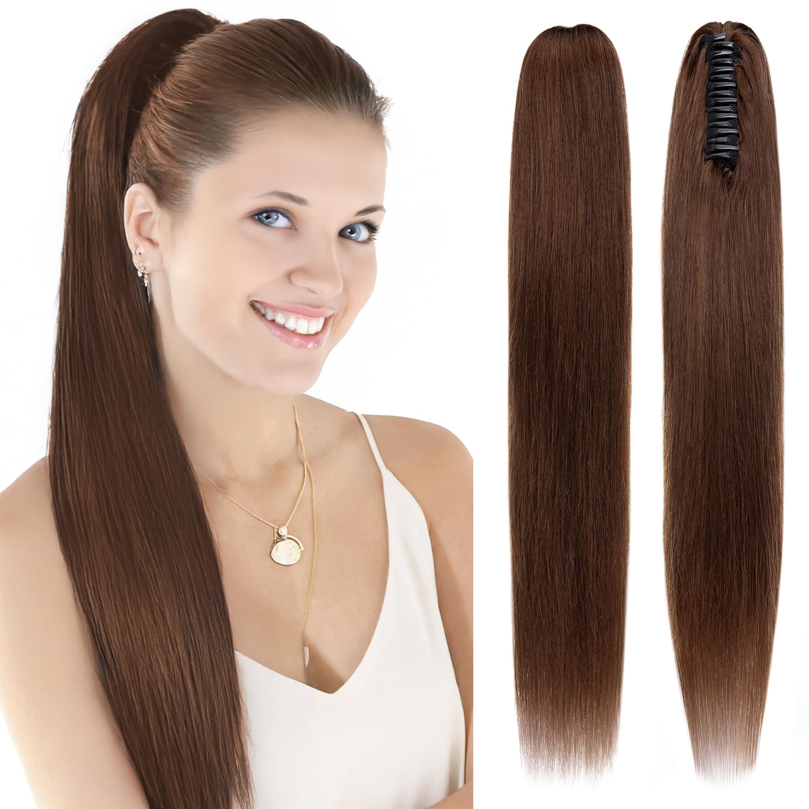SEGOHAIR Claw Clip Ponytail Hair Extensions Human Hair, 16 Inch Ponytail Extension Natural Real Hair Straight Remy Hair Picecs-Dark Chocolate Brown(115g) — image 1