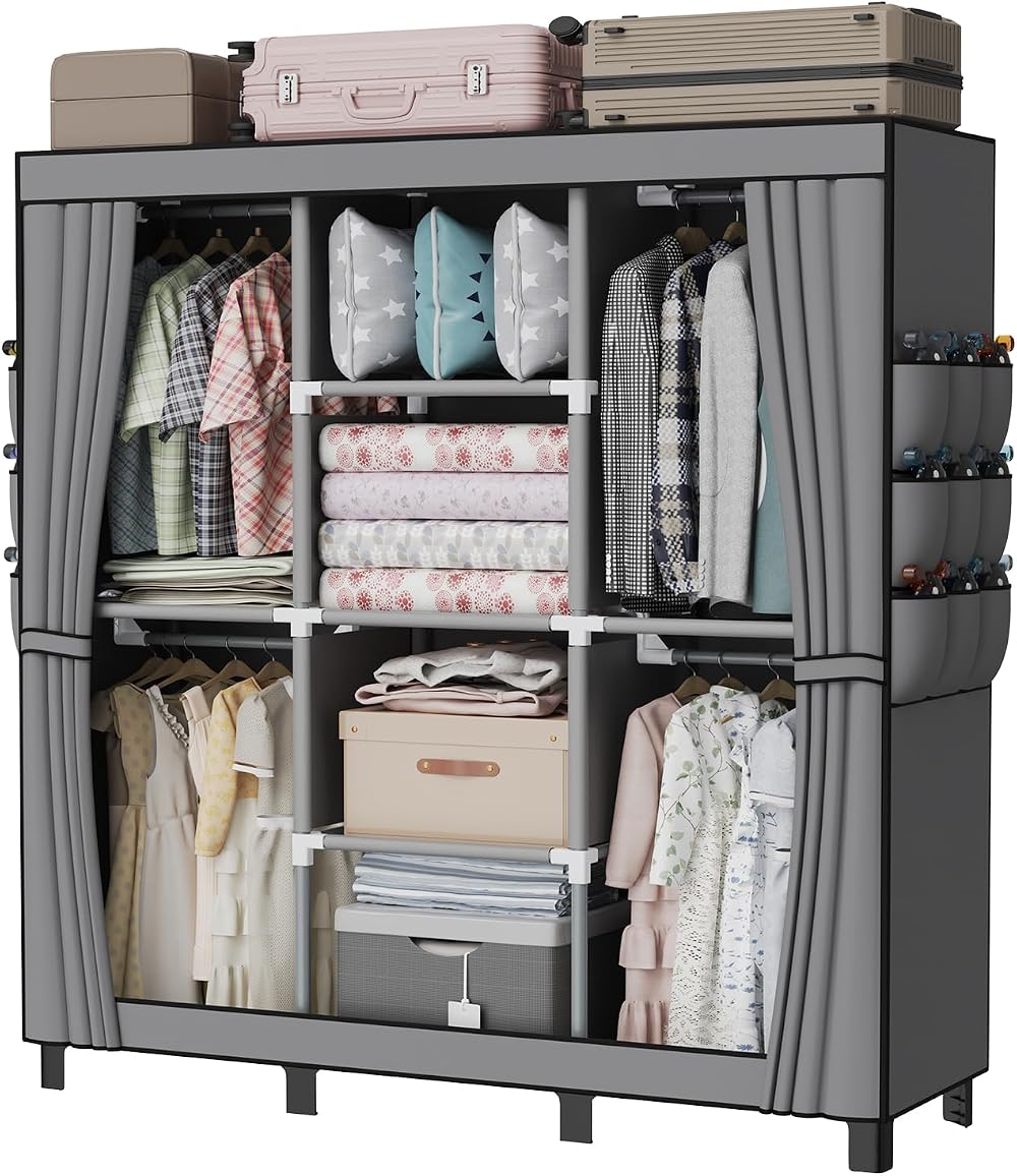 LOEFME Canvas Wardrobe 172x130x45cm, 4 Hanging Rails, Grey