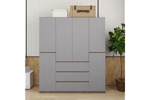 ClassyCabin Armoire Wardrobe Closet, 4 Door 3 Drawer Gray Wardrobe Closet Wardrobe Cabinet Bedroom Armoire Wardrobe Closet with Hanging Rod & Large Capacity, Modern Wood Closet 63"L x 20.3"W x 72"H