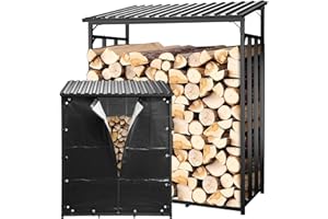 Leomru Heavy Duty Metal Firewood Rack, Wood Storage Shed Holder Wood Rack, Outdoor Firewood Rack with Cover Log Rack Fireplace Fire Pits Wood Pile Storage Holder Lumber Rack