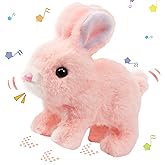 Hopearl Hopping Rabbit Interactive Electronic Pet Plush Bunny Toy with Sounds and Movements Animated Walking Wiggle Ears Twitch Nose Gift for Kids Birthday, Pink, 7''