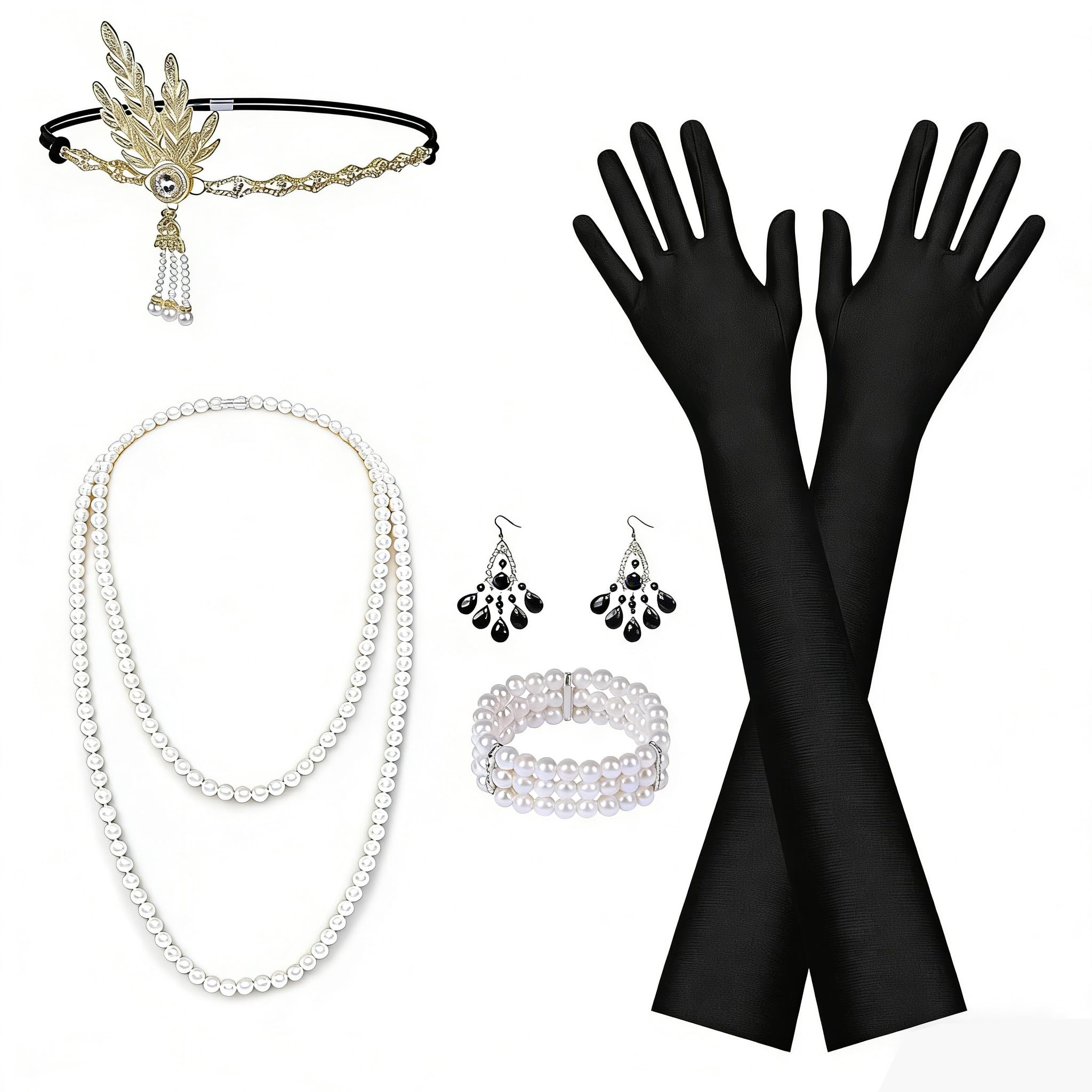 Aomig 1920 Accessories Set, 6 Pcs Gatsby Accessories for Women, Vintage Fancy Dress with Headband Pearl Necklace Earrings Bracelet Long Gloves, 1920s Costume Accessories for Cosplay Party