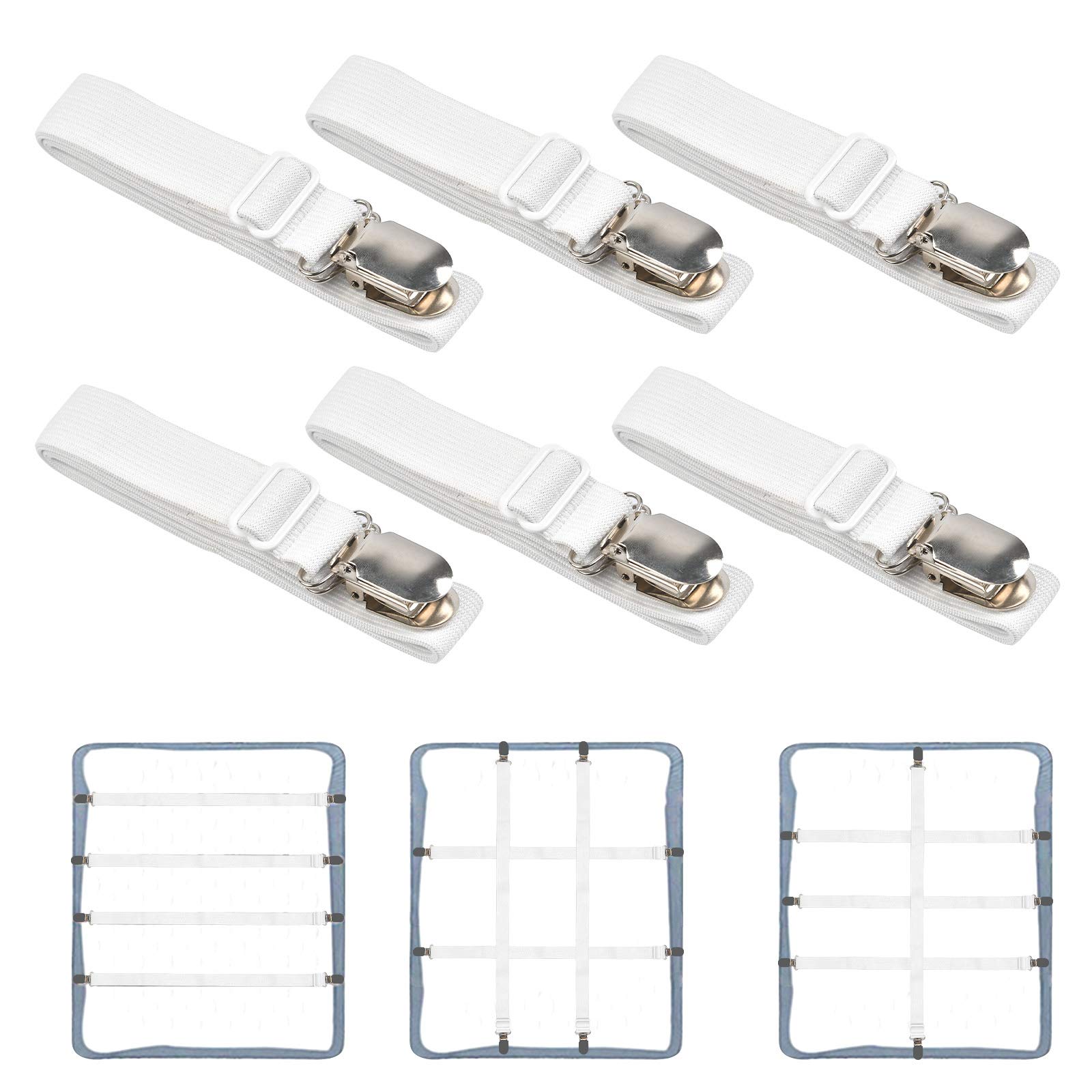 8 PCS Adjustable Bed Fasteners Bands, Sheet Fasteners Metal Clips Extended Extend from 19.6" to 78.7" Long Style Elastic Straps Sheet Fasteners Clips Bed Sheet Clips - White