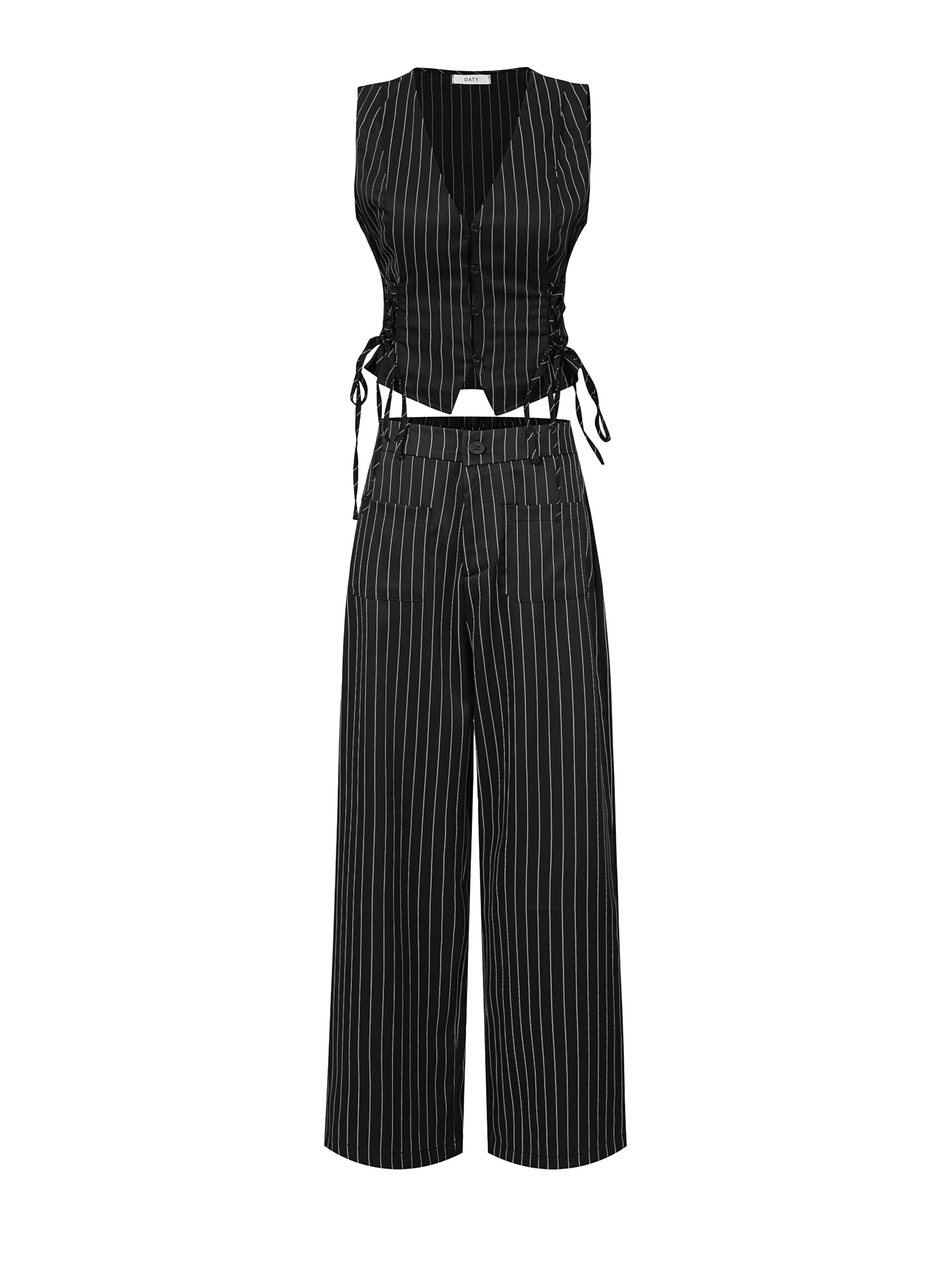 Photo 1 of AstralElegance MOD V-Neck Sleeveless Side Tie Waist Straight Pants Black Striped Suit Set,Back To School Preppy Tops 2pcs (Black, M)