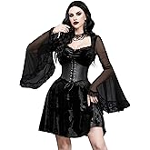 GothDark Womens Black Lace Velvet Vintage Gothic Dress Bell Sleeve Floral Print Sexy Cosplay Halloween Costumes