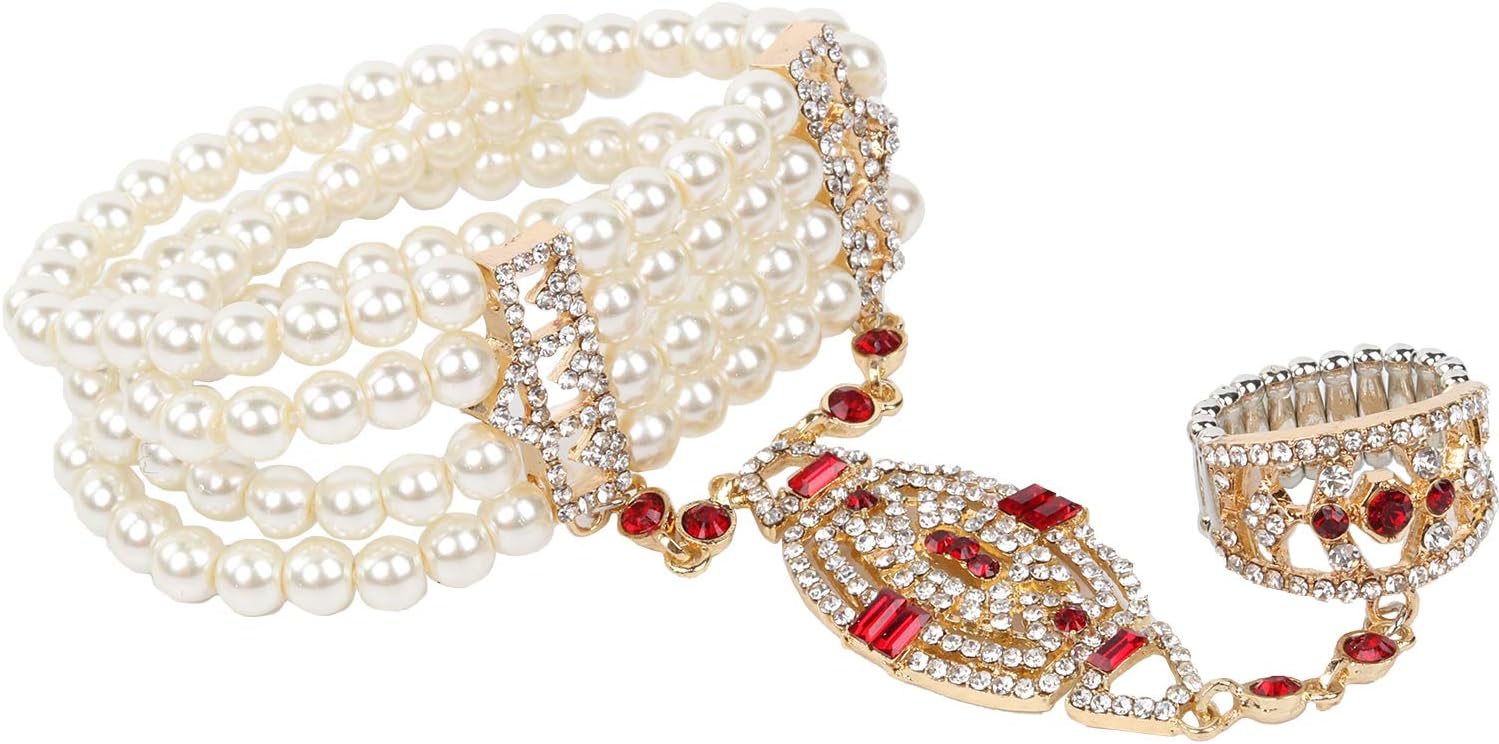 Metme1920s Flapper Bracelet Ring Set Gatsby Accessories Imitation Pearl Crystal Bracelet Adjustable Ring