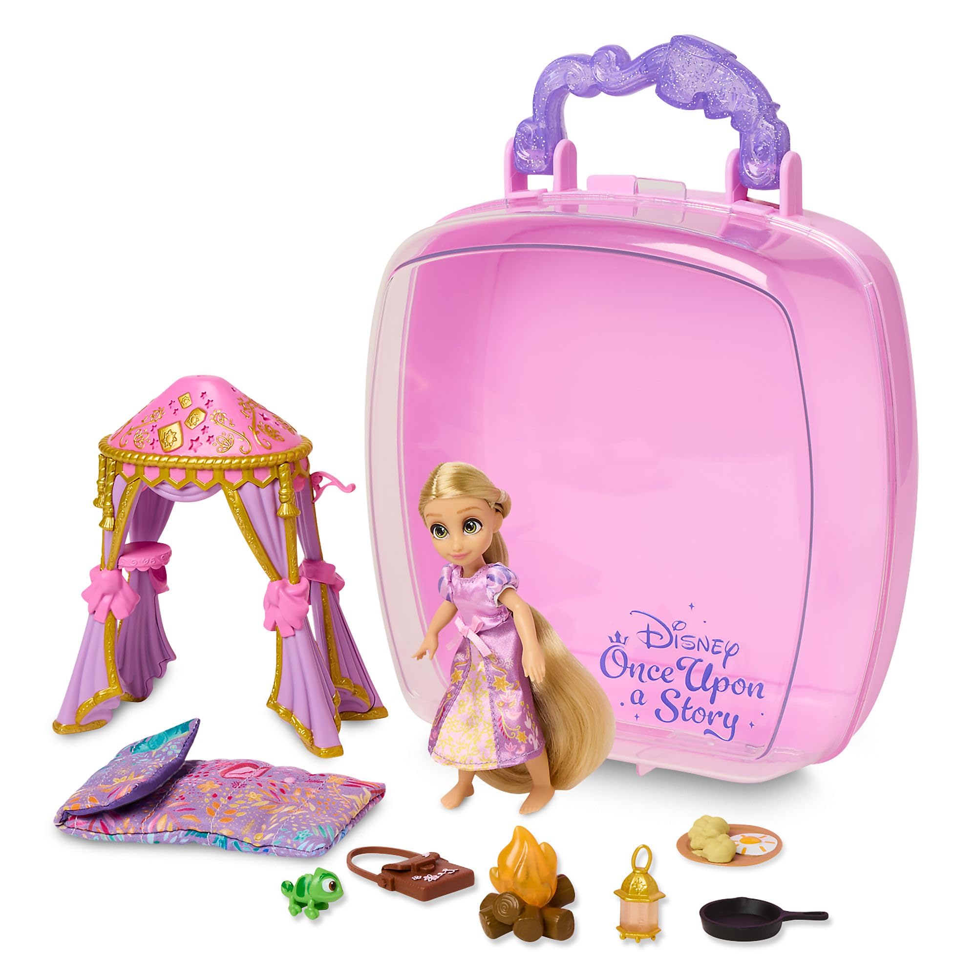 Disney Store Official Rapunzel Mini Doll Playset, Tangled, 10 Pc., Toy Figure Set with Accessories, Including Pascal, Canopy Tent, Floral Bedroll - Suitable for Ages 3+