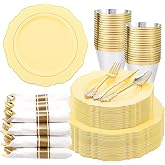 Liacere 350PCS Yellow Plates - Yellow Disposable Plastic Plates With Gold Rim-50Guest Plastic Dinnerware include 100 Plates,50 Pack Pre Rolled Napkins with Silverware 50Cups for Wedding＆Party
